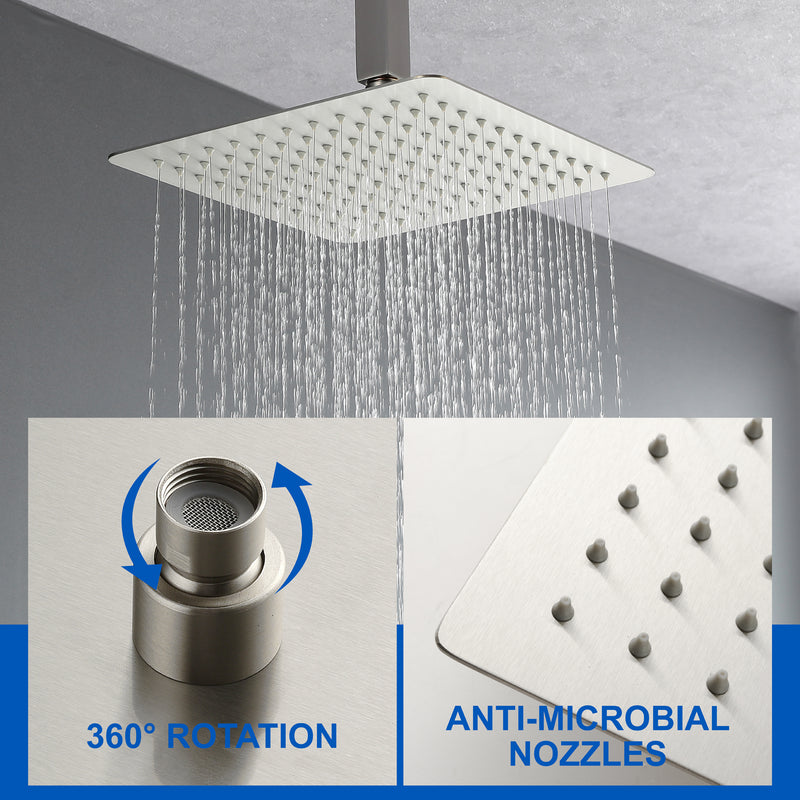 1-handle 3 way Rain Shower System with Handheld Shower, 12" Ceiling Mounted Overhead Shower & Waterfall Bath Spout