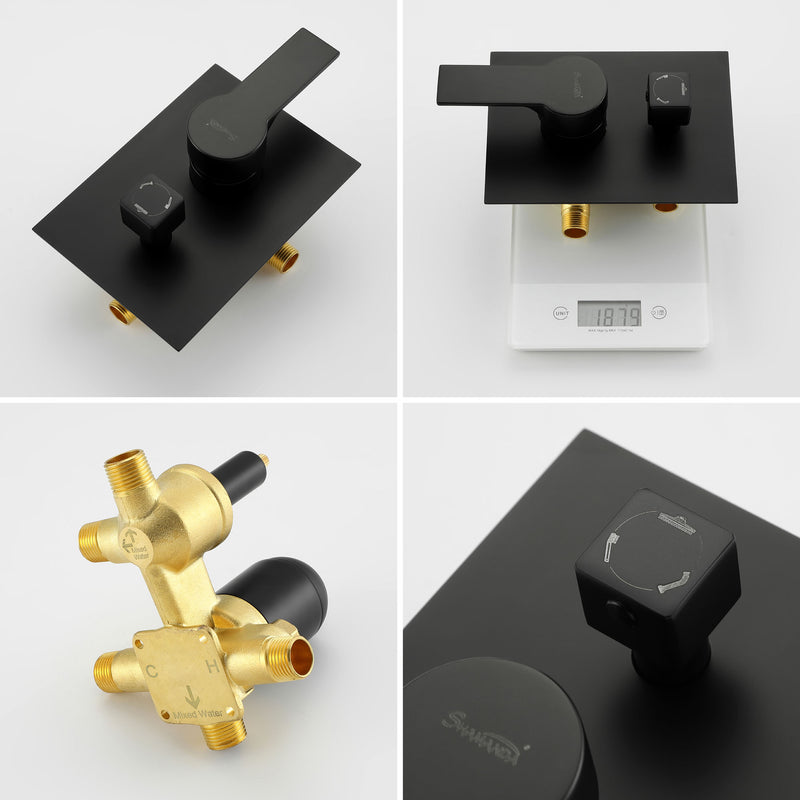 12 Inch Black Shower System Faucet 3-Function Waterfall Tub Complete with Matte Spout Set Square Luxury Wall Mount Rain Mixer