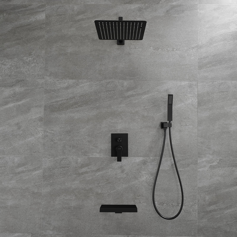 12 Inch Black Shower System Faucet 3-Function Waterfall Tub Complete with Matte Spout Set Square Luxury Wall Mount Rain Mixer