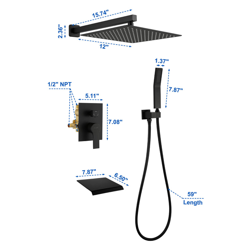 12 Inch Black Shower System Faucet 3-Function Waterfall Tub Complete with Matte Spout Set Square Luxury Wall Mount Rain Mixer