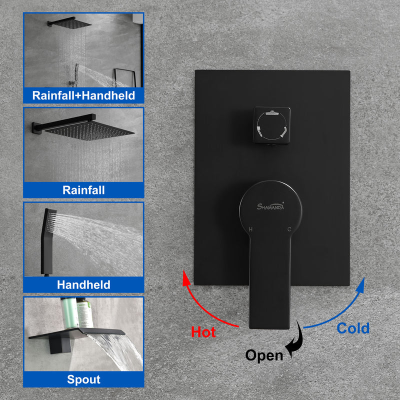 12 Inch Black Shower System Faucet 3-Function Waterfall Tub Complete with Matte Spout Set Square Luxury Wall Mount Rain Mixer