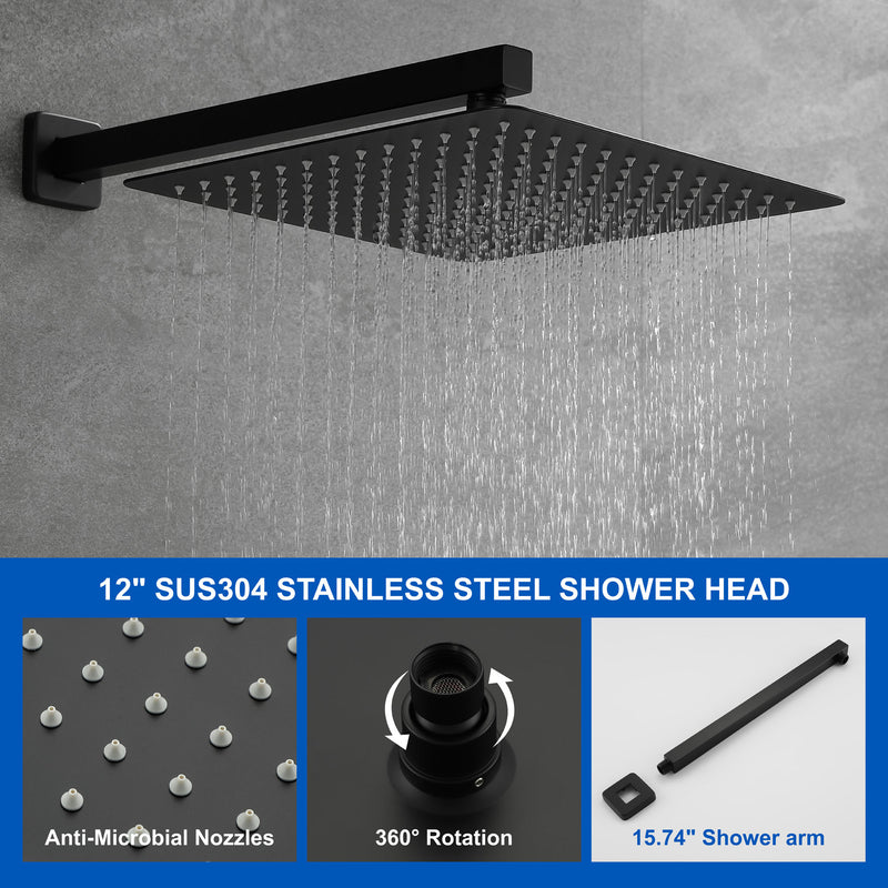 12 Inch Black Shower System Faucet 3-Function Waterfall Tub Complete with Matte Spout Set Square Luxury Wall Mount Rain Mixer