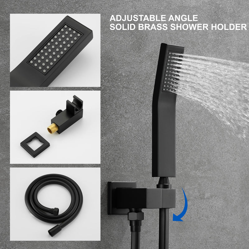 12 Inch Black Shower System Faucet 3-Function Waterfall Tub Complete with Matte Spout Set Square Luxury Wall Mount Rain Mixer