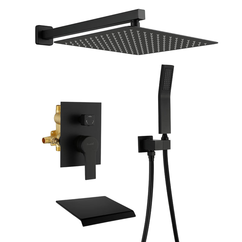 12 Inch Black Shower System Faucet 3-Function Waterfall Tub Complete with Matte Spout Set Square Luxury Wall Mount Rain Mixer