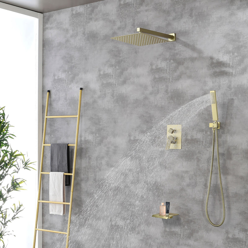 12 Inch Black Shower System Faucet 3-Function Waterfall Tub Complete with Matte Spout Set Square Luxury Wall Mount Rain Mixer