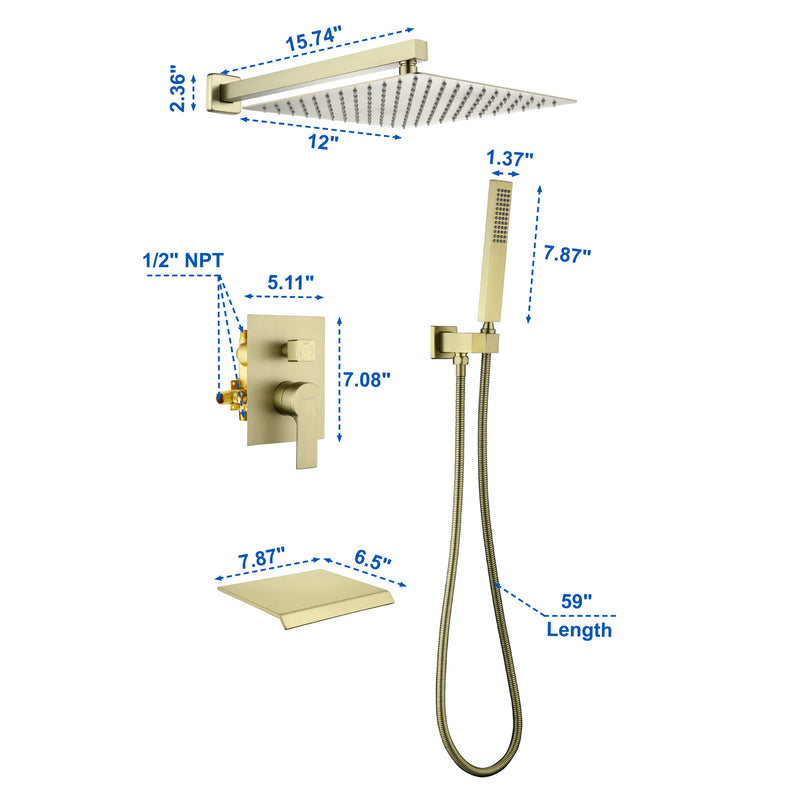 12 Inch Black Shower System Faucet 3-Function Waterfall Tub Complete with Matte Spout Set Square Luxury Wall Mount Rain Mixer