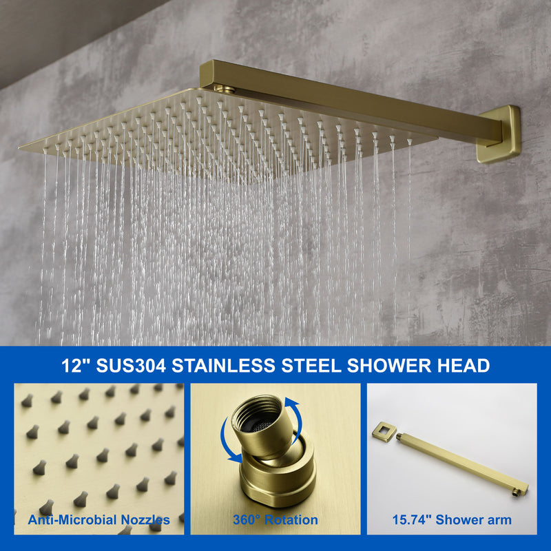 12 Inch Black Shower System Faucet 3-Function Waterfall Tub Complete with Matte Spout Set Square Luxury Wall Mount Rain Mixer