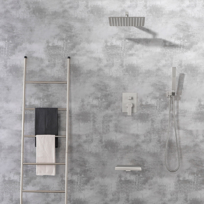 12 Inch Black Shower System Faucet 3-Function Waterfall Tub Complete with Matte Spout Set Square Luxury Wall Mount Rain Mixer