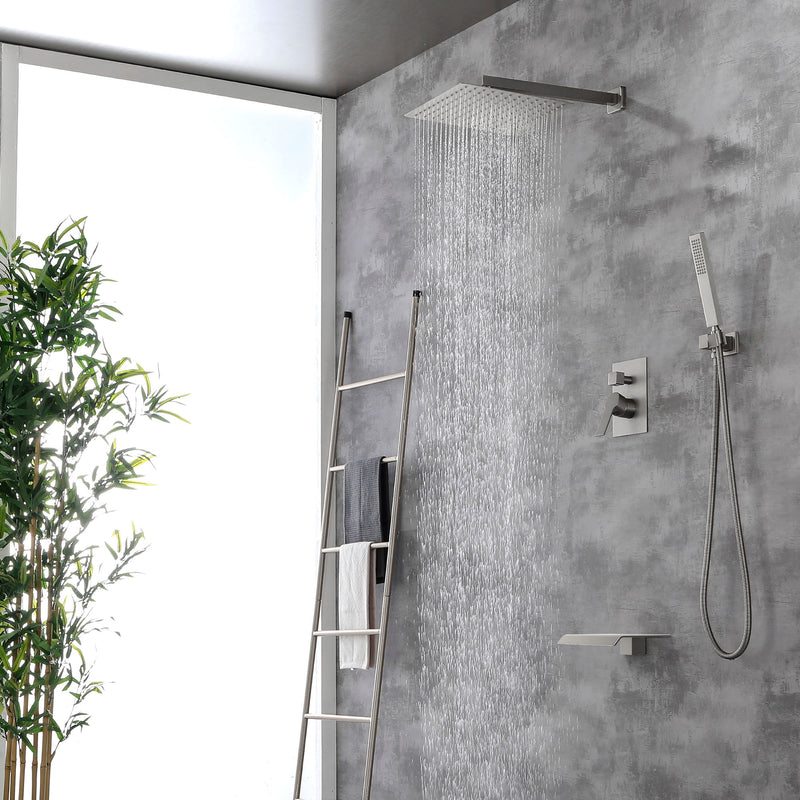 12 Inch Black Shower System Faucet 3-Function Waterfall Tub Complete with Matte Spout Set Square Luxury Wall Mount Rain Mixer