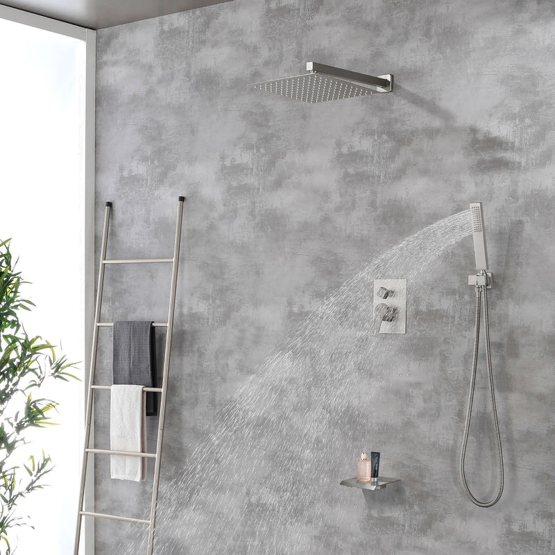 12 Inch Black Shower System Faucet 3-Function Waterfall Tub Complete with Matte Spout Set Square Luxury Wall Mount Rain Mixer