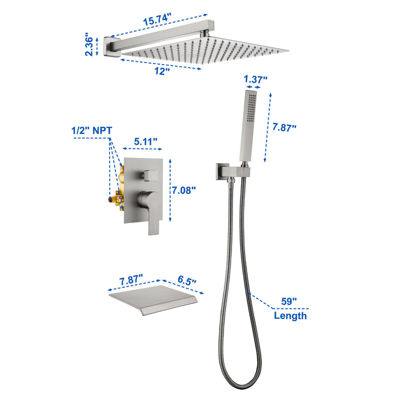 12 Inch Black Shower System Faucet 3-Function Waterfall Tub Complete with Matte Spout Set Square Luxury Wall Mount Rain Mixer