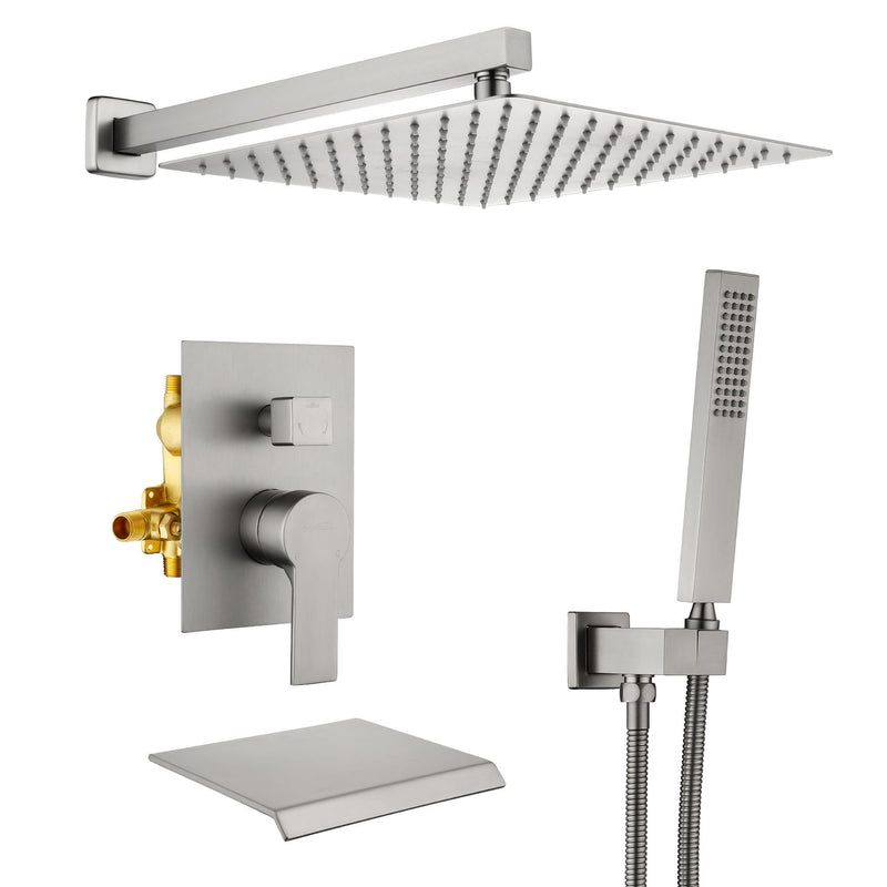 12 Inch Black Shower System Faucet 3-Function Waterfall Tub Complete with Matte Spout Set Square Luxury Wall Mount Rain Mixer
