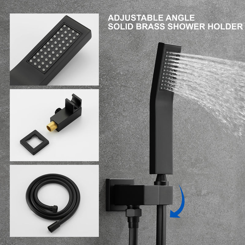 Ceiling Mount 10 Inch Black Shower System Faucet Waterfall Tub Complete with Matte Spout Set Square Luxury Rain Mixer Pressure Balancing 3-Function