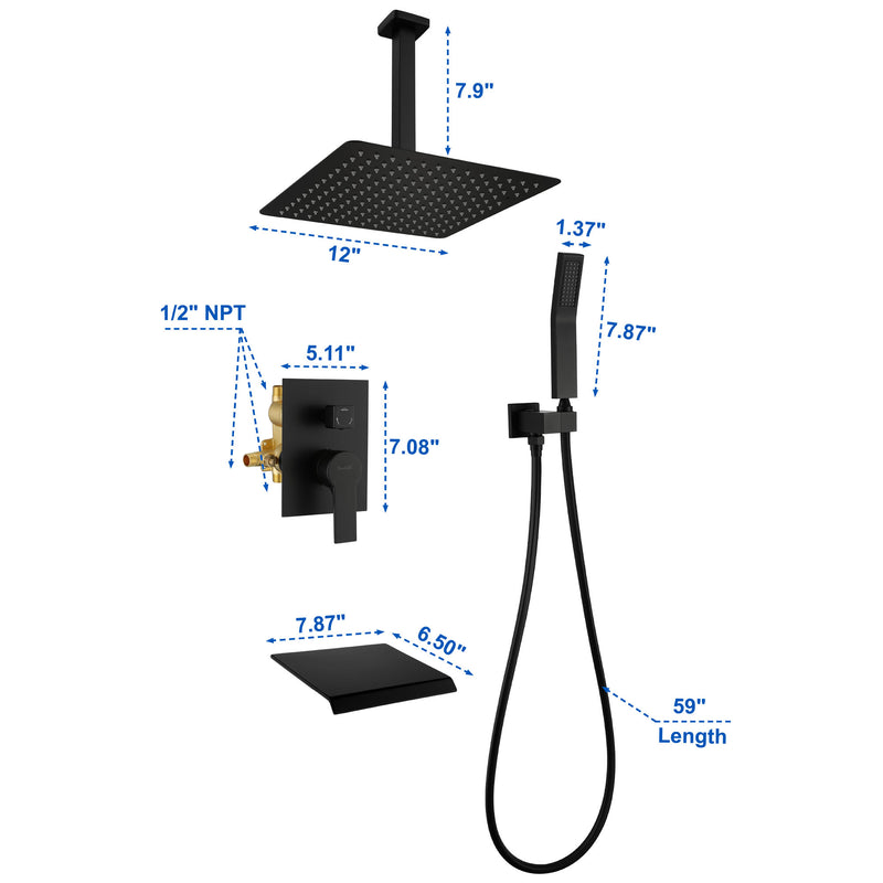 Shower System 12 Inch Rain Shower Head Ceiling Mount with Handheld Spray Luxury High Pressure Shower Combo Set