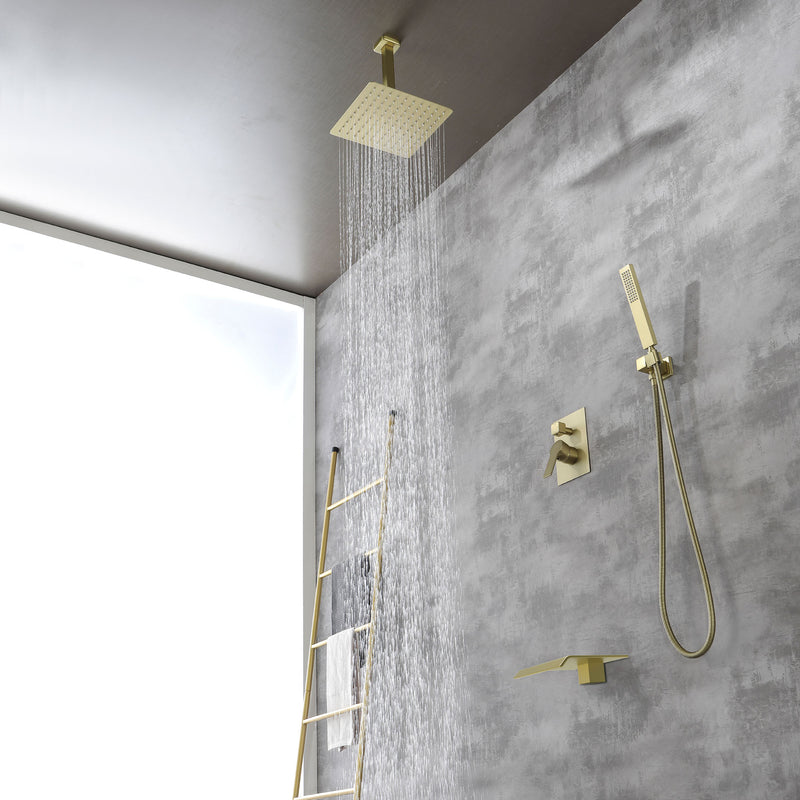 Ceiling Mount 10 Inch Black Shower System Faucet Waterfall Tub Complete with Matte Spout Set Square Luxury Rain Mixer Pressure Balancing 3-Function