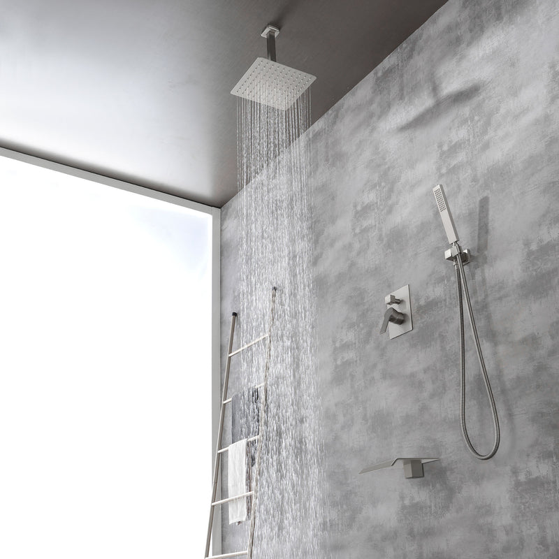 Ceiling Mount 10 Inch Black Shower System Faucet Waterfall Tub Complete with Matte Spout Set Square Luxury Rain Mixer Pressure Balancing 3-Function