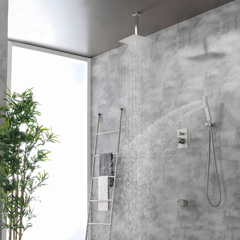 Ceiling Mount 10 Inch Black Shower System Faucet Waterfall Tub Complete with Matte Spout Set Square Luxury Rain Mixer Pressure Balancing 3-Function