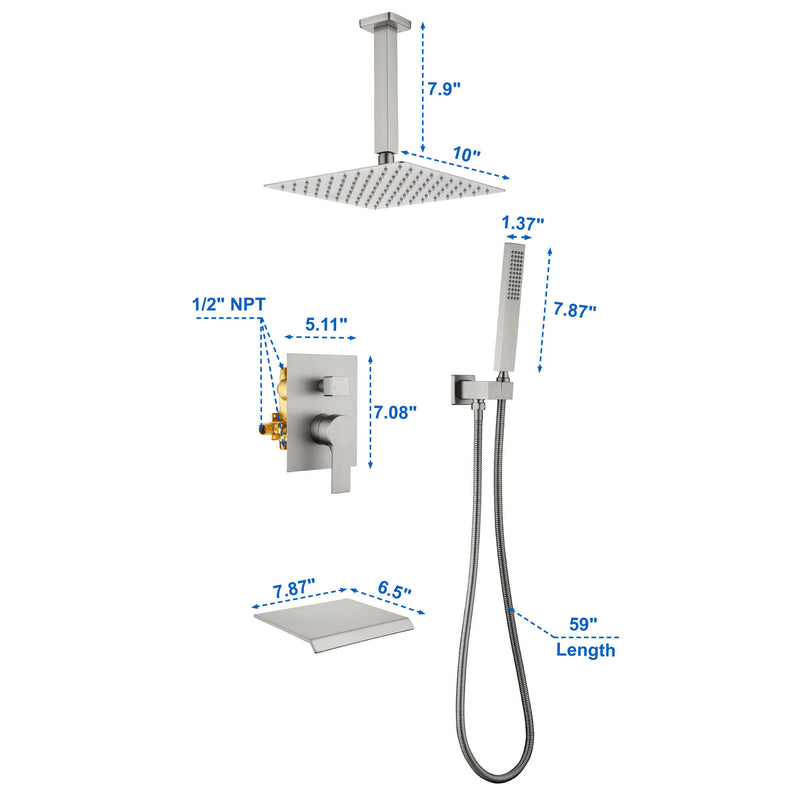 Ceiling Mount 10 Inch Black Shower System Faucet Waterfall Tub Complete with Matte Spout Set Square Luxury Rain Mixer Pressure Balancing 3-Function
