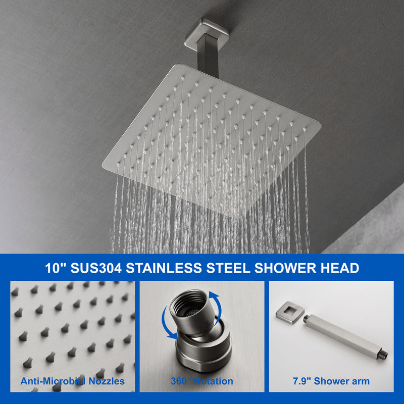 Ceiling Mount 10 Inch Black Shower System Faucet Waterfall Tub Complete with Matte Spout Set Square Luxury Rain Mixer Pressure Balancing 3-Function