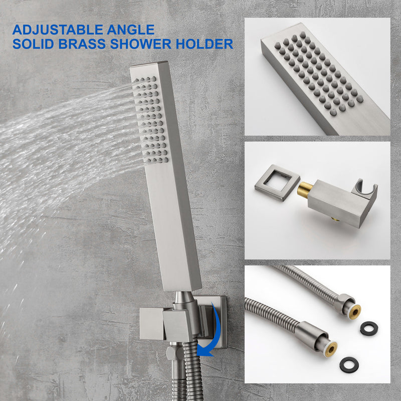Ceiling Mount 10 Inch Black Shower System Faucet Waterfall Tub Complete with Matte Spout Set Square Luxury Rain Mixer Pressure Balancing 3-Function