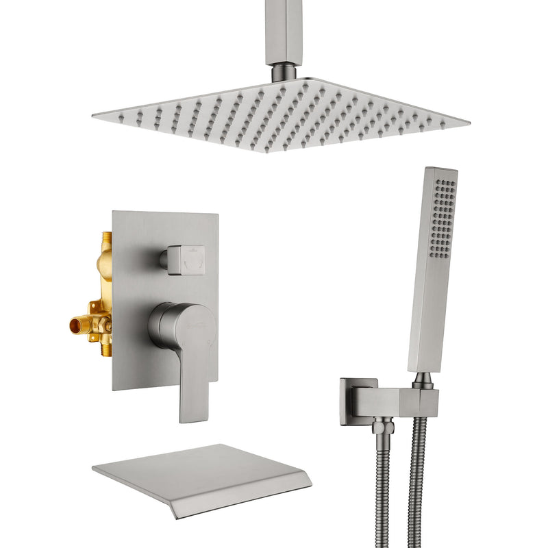 Ceiling Mount 10 Inch Black Shower System Faucet Waterfall Tub Complete with Matte Spout Set Square Luxury Rain Mixer Pressure Balancing 3-Function