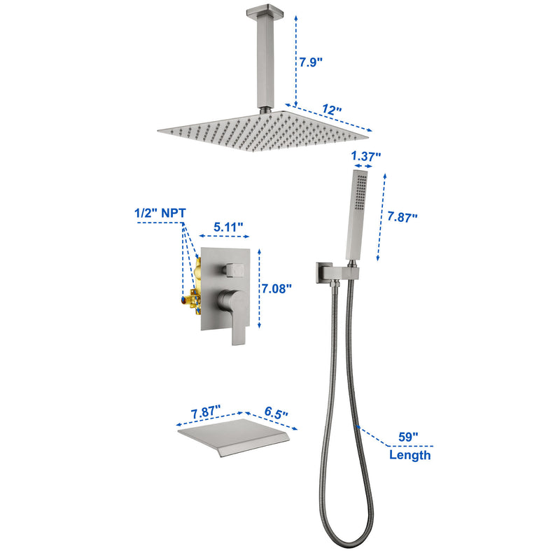 Shower System 12 Inch Rain Shower Head Ceiling Mount with Handheld Spray Luxury High Pressure Shower Combo Set