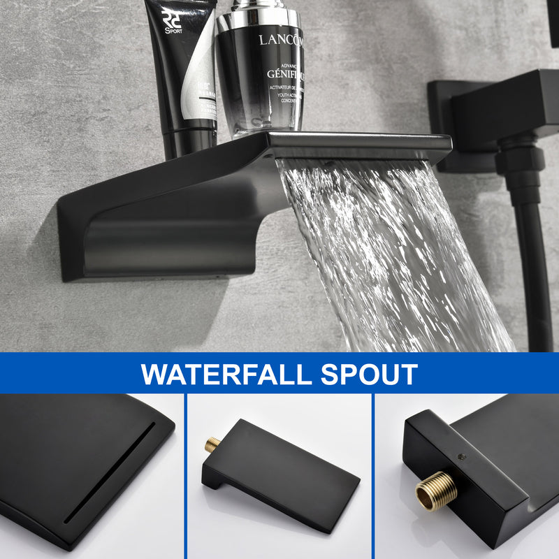 Waterfall Wall Mounted Bathtub Faucet with Hand Shower in Brushed Gold, Brushed Nickel, Matte Black