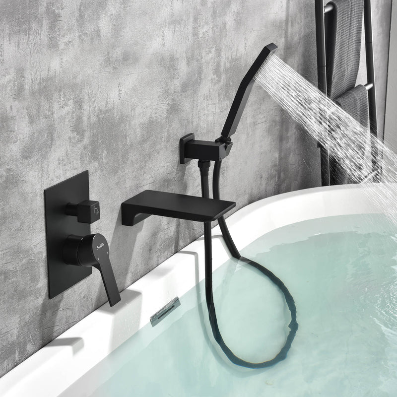 Waterfall Wall Mounted Bathtub Faucet with Hand Shower in Brushed Gold, Brushed Nickel, Matte Black