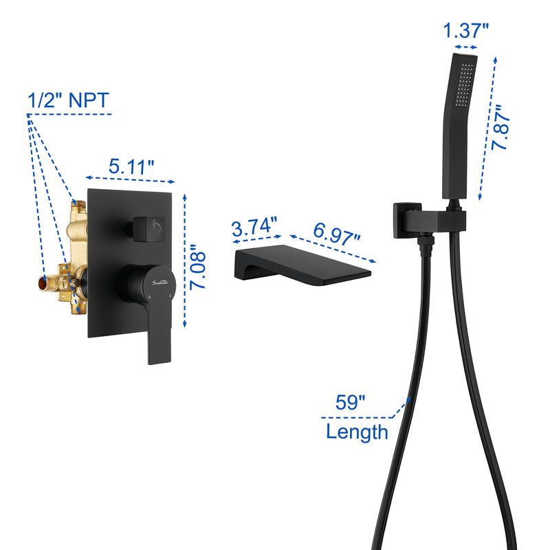 Waterfall Wall Mounted Bathtub Faucet with Hand Shower in Brushed Gold, Brushed Nickel, Matte Black