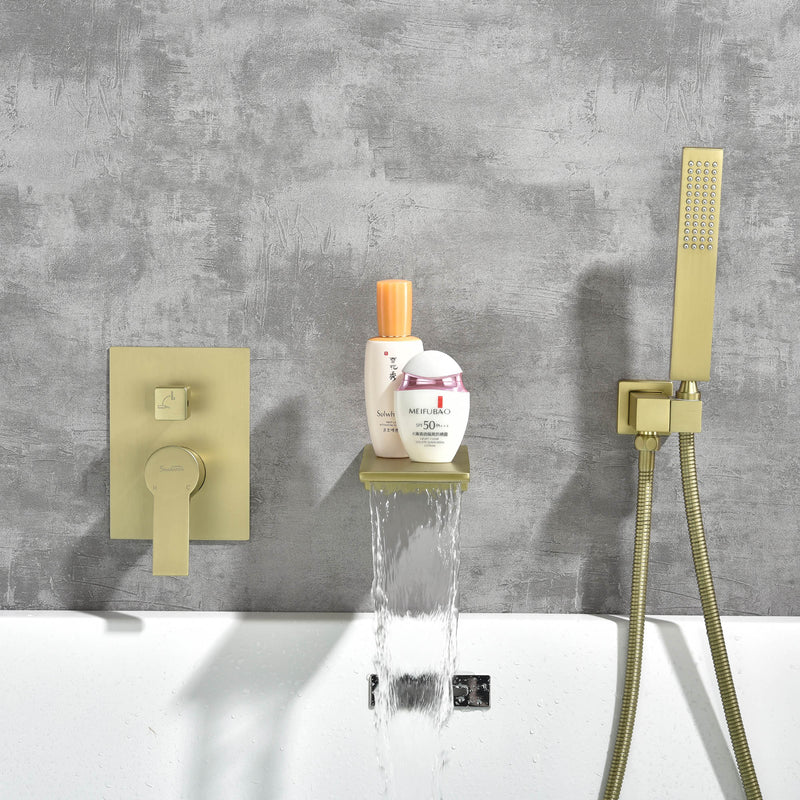 Waterfall Wall Mounted Bathtub Faucet with Hand Shower in Brushed Gold, Brushed Nickel, Matte Black