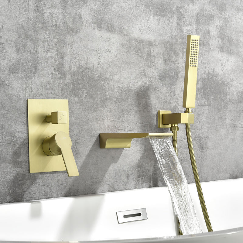 Waterfall Wall Mounted Bathtub Faucet with Hand Shower in Brushed Gold, Brushed Nickel, Matte Black