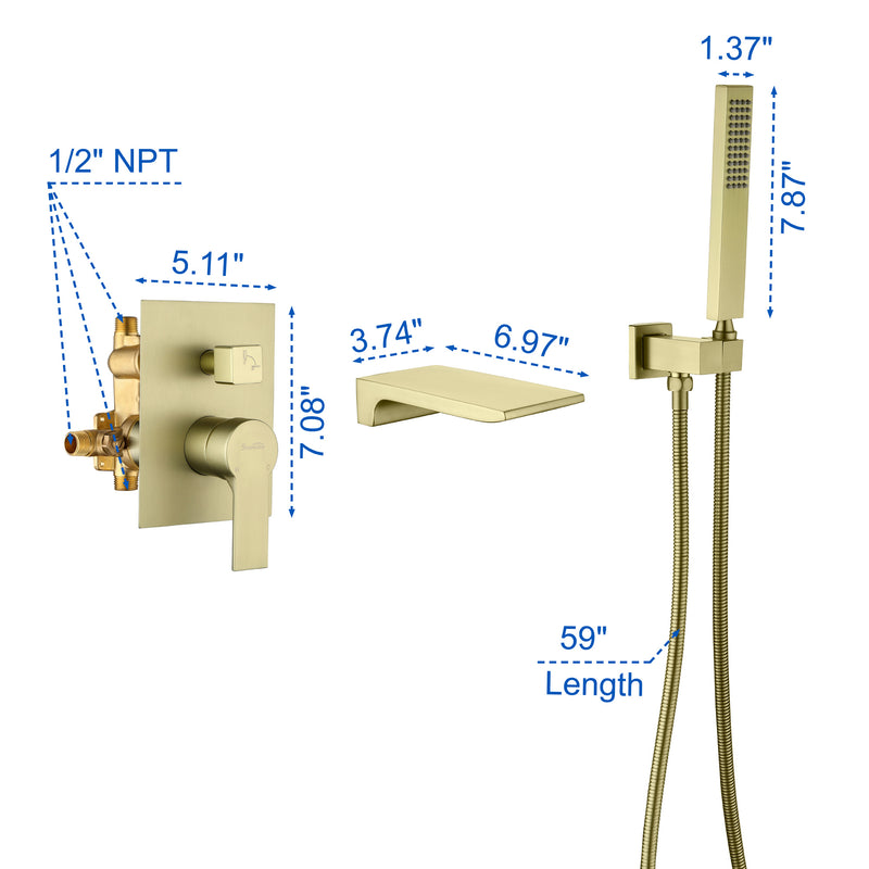 Waterfall Wall Mounted Bathtub Faucet with Hand Shower in Brushed Gold, Brushed Nickel, Matte Black