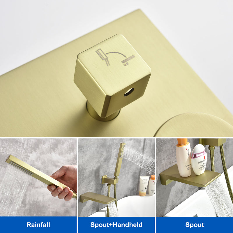 Waterfall Wall Mounted Bathtub Faucet with Hand Shower in Brushed Gold, Brushed Nickel, Matte Black