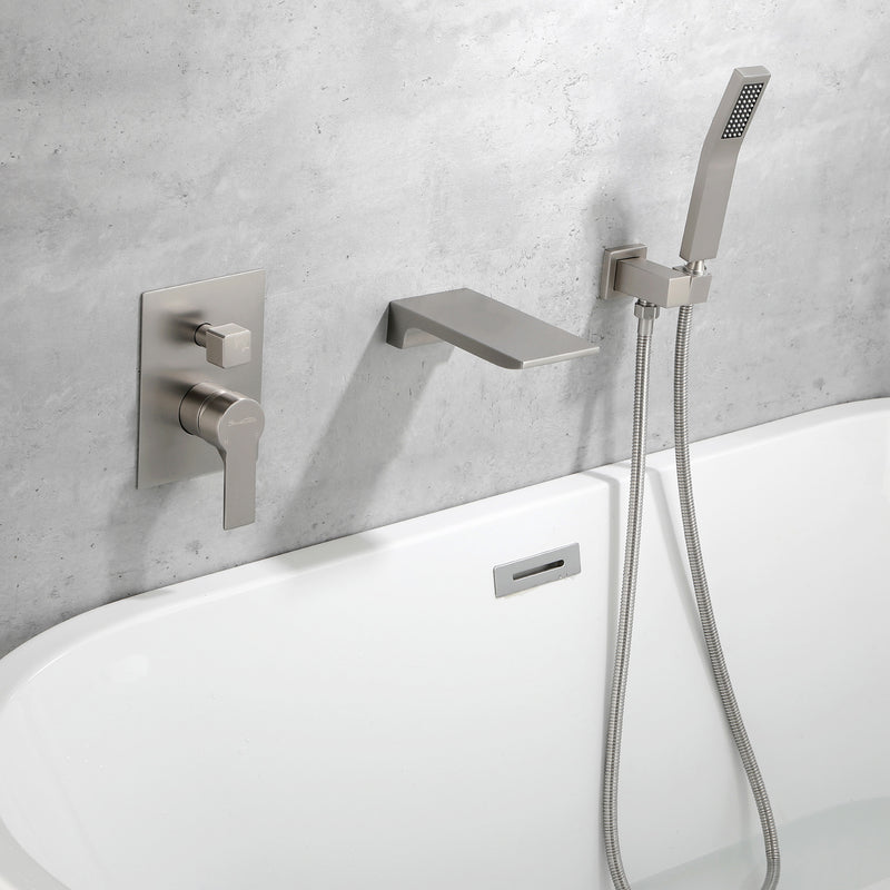 Waterfall Wall Mounted Bathtub Faucet with Hand Shower in Brushed Gold, Brushed Nickel, Matte Black
