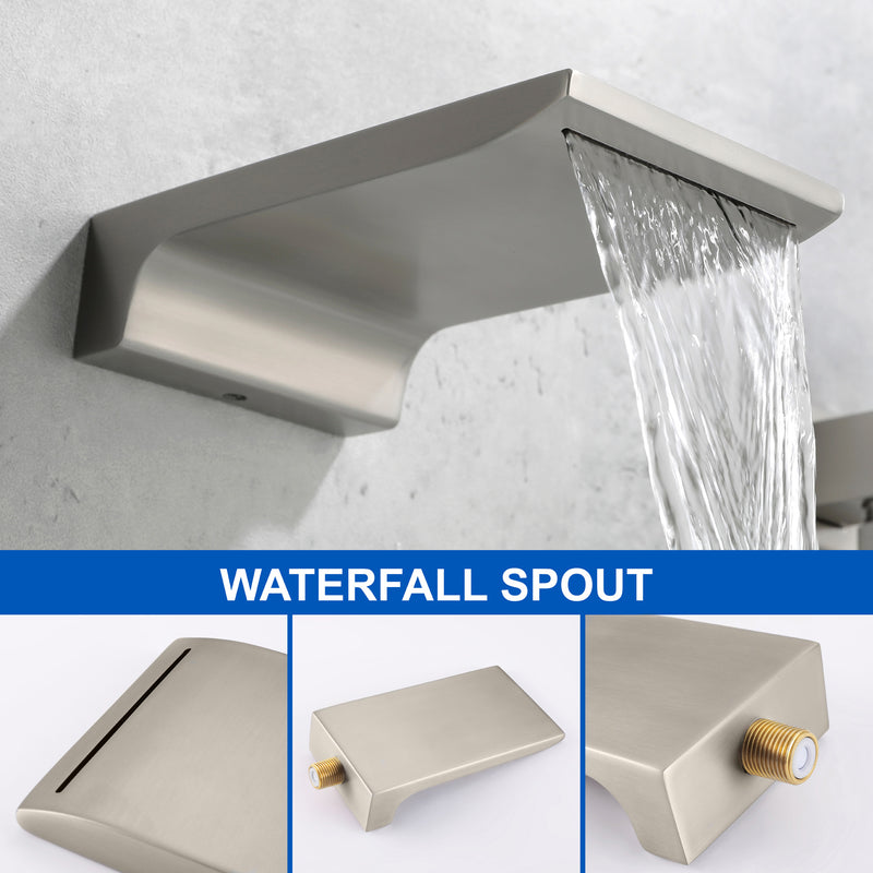 Waterfall Wall Mounted Bathtub Faucet with Hand Shower in Brushed Gold, Brushed Nickel, Matte Black