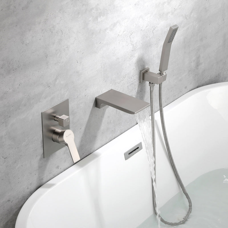 Waterfall Wall Mounted Bathtub Faucet with Hand Shower in Brushed Gold, Brushed Nickel, Matte Black
