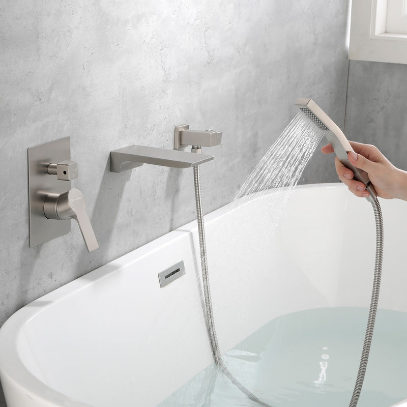 Waterfall Wall Mounted Bathtub Faucet with Hand Shower in Brushed Gold, Brushed Nickel, Matte Black