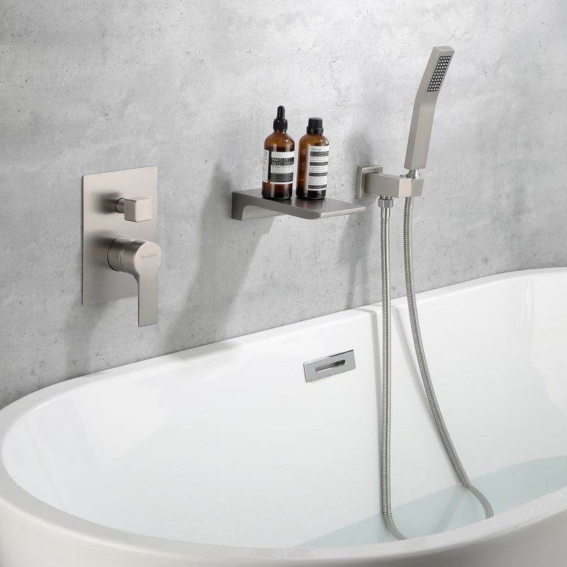 Waterfall Wall Mounted Bathtub Faucet with Hand Shower in Brushed Gold, Brushed Nickel, Matte Black