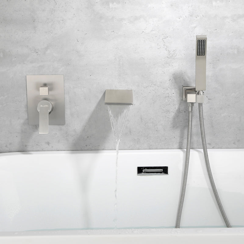 Waterfall Wall Mounted Bathtub Faucet with Hand Shower in Brushed Gold, Brushed Nickel, Matte Black