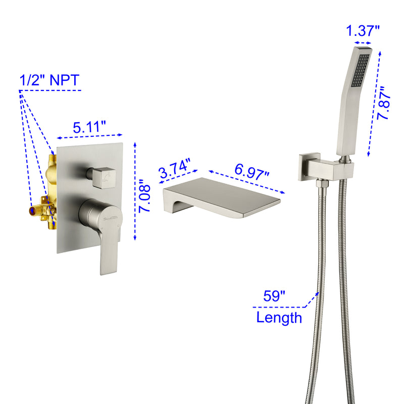 Waterfall Wall Mounted Bathtub Faucet with Hand Shower in Brushed Gold, Brushed Nickel, Matte Black