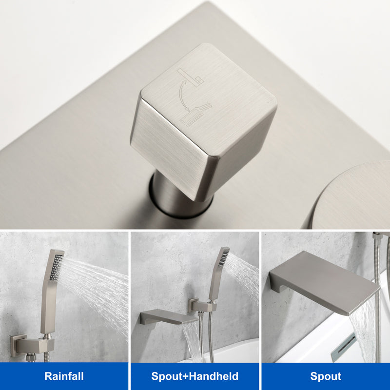 Waterfall Wall Mounted Bathtub Faucet with Hand Shower in Brushed Gold, Brushed Nickel, Matte Black