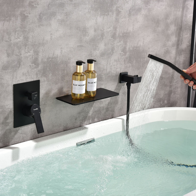 Waterfall Spout Wall Mounted Roman Tub Faucet with Handheld shower Modern Single Handle Tub Filler Solid Brass