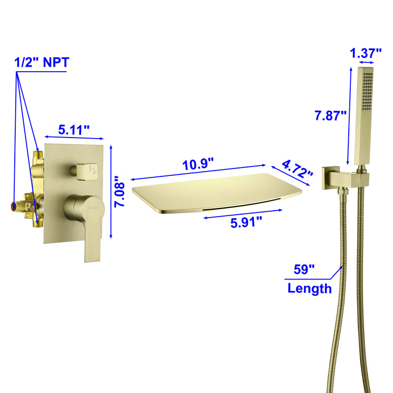 Wall Mount Tub Filler with Hand Shower, Single Handle Brass Tub Shower Faucet Set