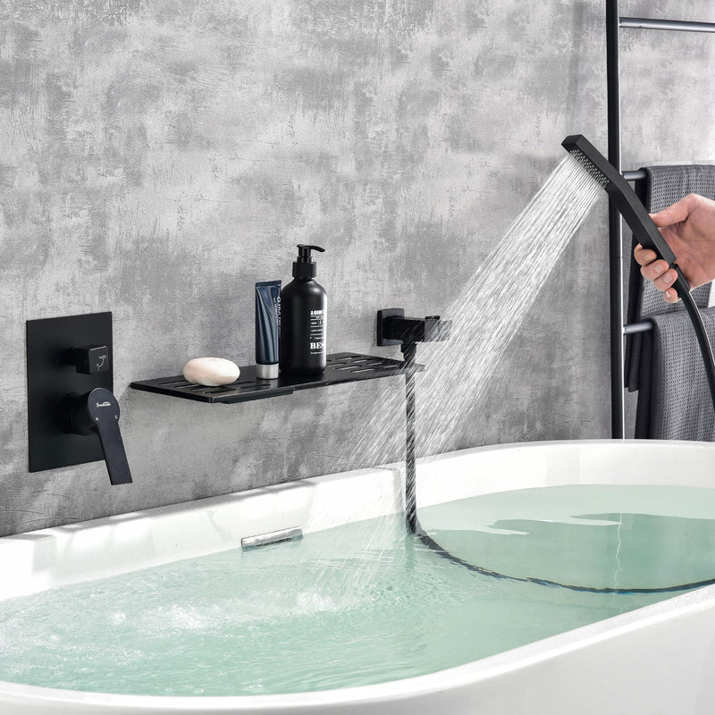 Waterfall Spout Wall Mounted Roman Tub Faucet with Handheld shower Modern Single Handle Tub Filler Solid Brass