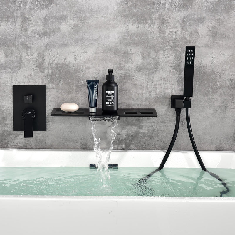 Waterfall Spout Wall Mounted Roman Tub Faucet with Handheld shower Modern Single Handle Tub Filler Solid Brass