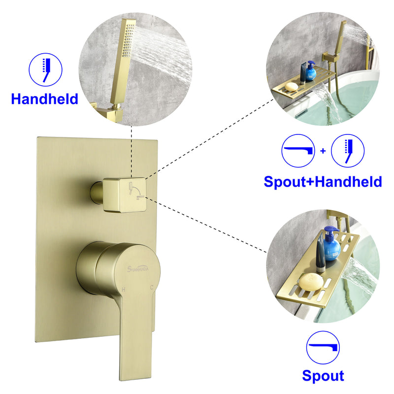 Waterfall Spout Wall Mounted Roman Tub Faucet with Handheld shower Modern Single Handle Tub Filler Solid Brass
