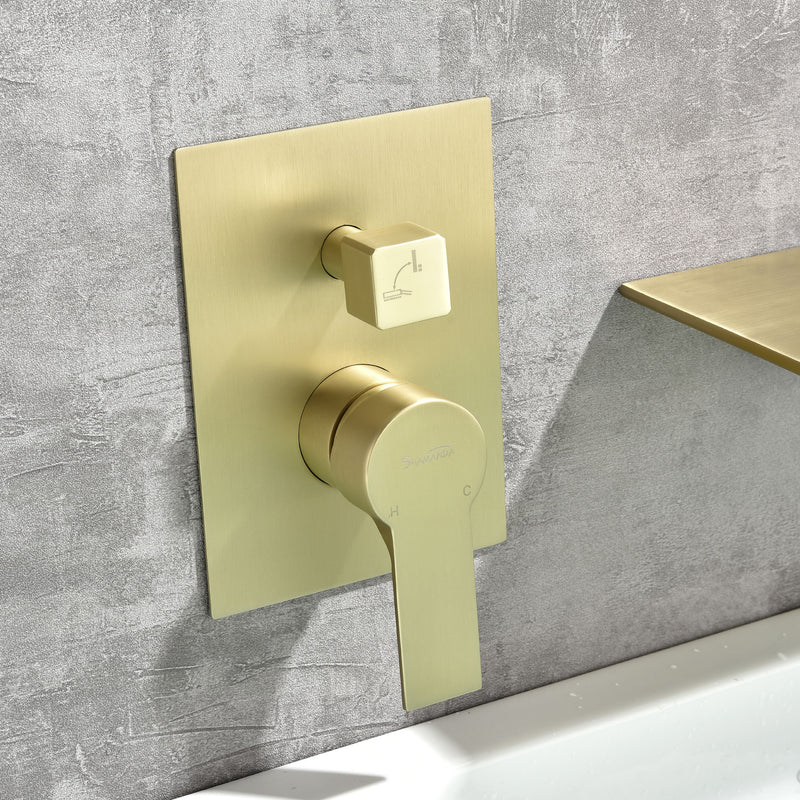 Waterfall Spout Wall Mounted Roman Tub Faucet with Handheld shower Modern Single Handle Tub Filler Solid Brass