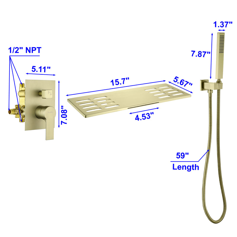 Waterfall Spout Wall Mounted Roman Tub Faucet with Handheld shower Modern Single Handle Tub Filler Solid Brass