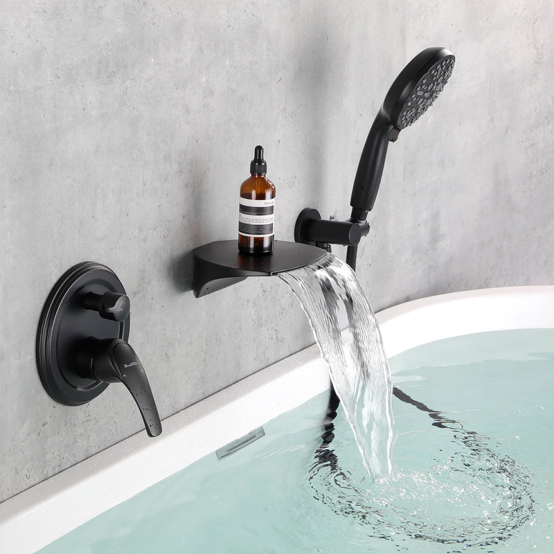 3-Hole Tub Faucet with 7-setting ABS Handheld Shower Wall Mount Waterfall Tub Filler Trim in Matte Black, Brushed Nickel, Brushed Gold