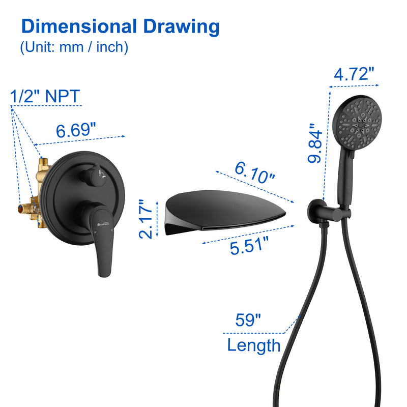 3-Hole Tub Faucet with 7-setting ABS Handheld Shower Wall Mount Waterfall Tub Filler Trim in Matte Black, Brushed Nickel, Brushed Gold